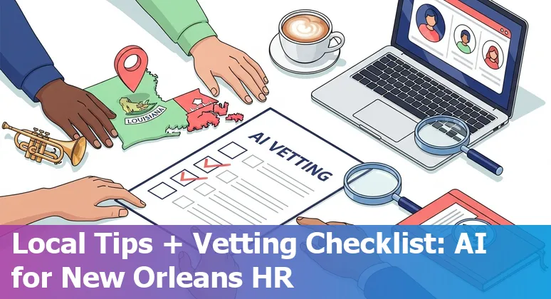 New Orleans HR professional reviewing AI tools list on a laptop with city skyline in background