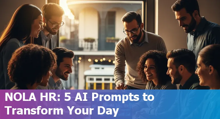 HR professional in New Orleans using AI prompts on a laptop with Crescent City skyline in background