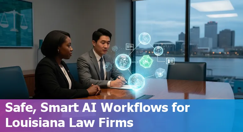 New Orleans, Louisiana lawyer using AI tools on a laptop with French Quarter skyline in the background