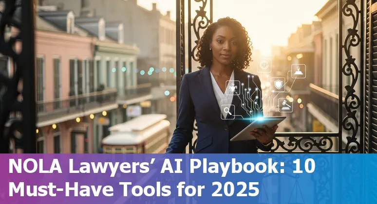 New Orleans attorney using AI tools on a laptop with skyline and legal books in background