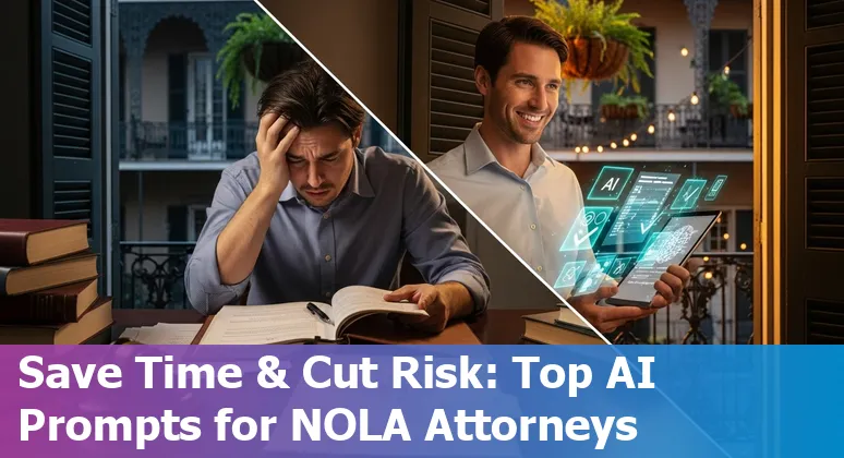 Attorney in New Orleans using AI prompts on laptop with French Quarter skyline in background.