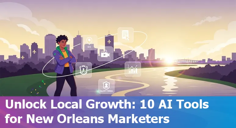 Collage of AI tools logos and New Orleans skyline with Mardi Gras colors