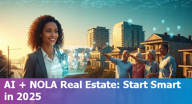 Aerial view of New Orleans, Louisiana with icons representing AI tools, virtual staging, and property analytics.