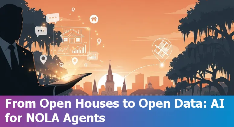 AI-driven real estate tools analyzing New Orleans property with map, flood zones, and virtual tour visuals.