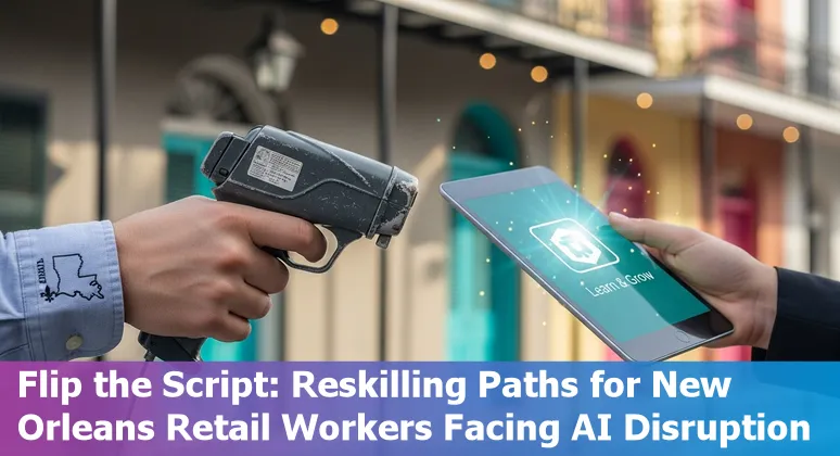 New Orleans retail worker at a shop counter with self-checkout kiosks and a laptop showing AI analytics.