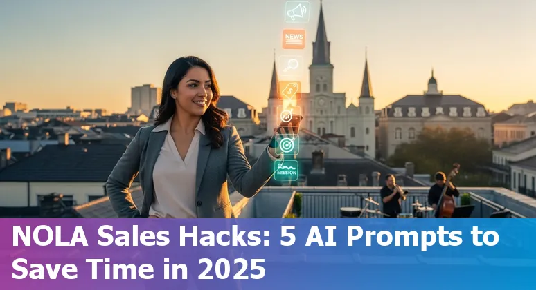 Sales professional using AI prompts on a laptop with New Orleans skyline and French Quarter in the background.