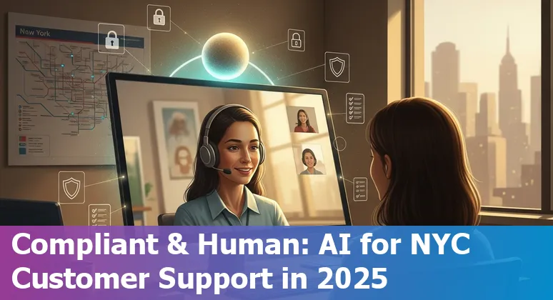 Customer service agent using AI tools in an office with a New York City skyline visible, symbolizing AI for customer service in New York City