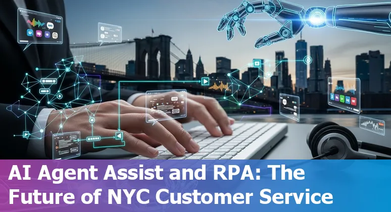 Customer service team in a New York City office using AI tools on computers and video call screens.