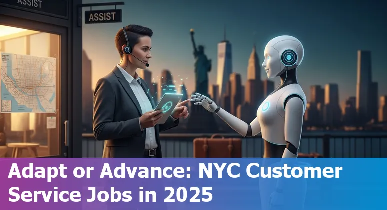 Customer service worker using AI tools in New York City skyline office, 2025