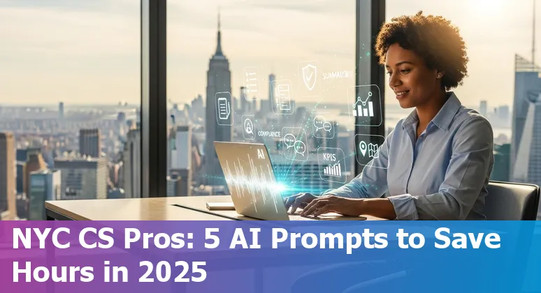 Customer service agent in NYC using AI on a laptop with skyline in the background, icons for summaries, compliance, translation, benchmarking, and outreach.