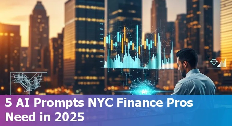 Finance professional in NYC using AI tools on a laptop, with skyline and code, prompts visible on screen.