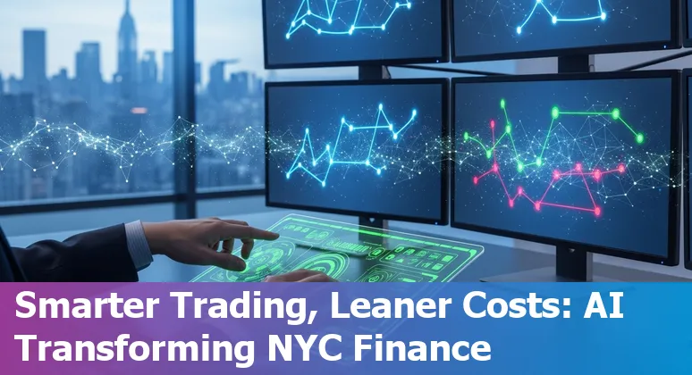 New York City skyline with finance AI icons showing cost savings and efficiency for New York, US financial services.