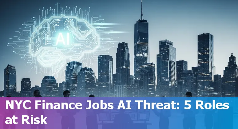 New York City skyline with icons for billing, SEC reports, research, compliance, and underwriting representing jobs at risk from AI.