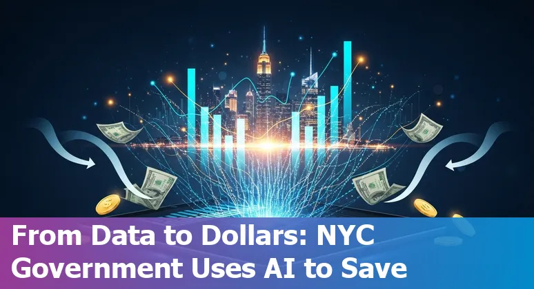 Illustration of AI tools improving public services in New York City, US: chatbots, automation, and data dashboards for NYC government companies.