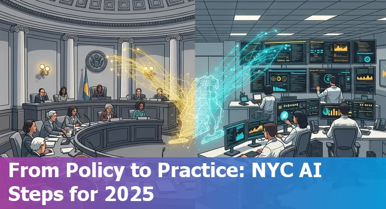 Illustration of AI governance for New York City government in 2025, showing NYC skyline and policy icons