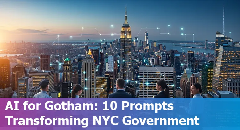City hall worker using AI prompts on a laptop to draft public notices and analyze community feedback in New York City.