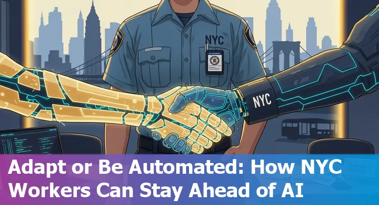New York City skyline with icons representing government jobs and AI overlay
