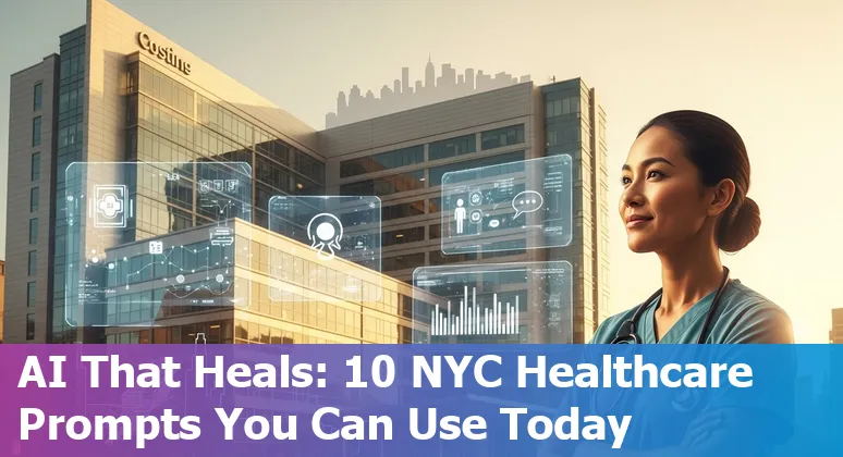 Healthcare worker using AI tools on a tablet in a New York City hospital with skyline visible outside.