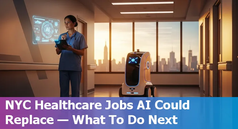 Healthcare workers in New York City reviewing AI-assisted medical images on a screen with hospital skyline in background