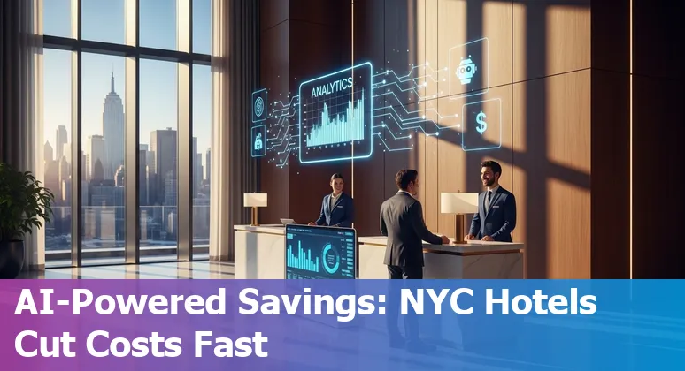 Robotic concierge and hotel staff using AI dashboard in New York, US hotel lobby