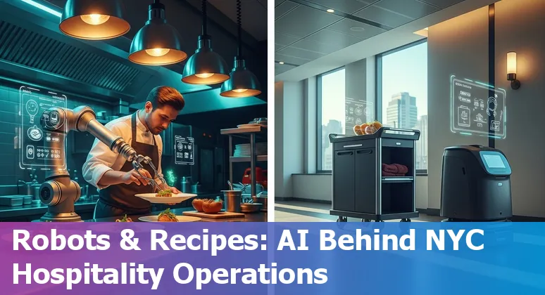 AI in hospitality guide for New York City hotels in 2025, showing NYC skyline and hotel tech icons