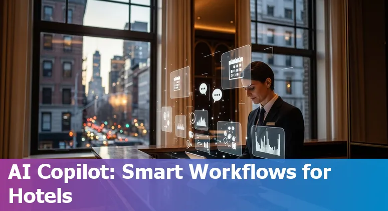 Hotel front desk using AI voice assistant with NYC skyline in background