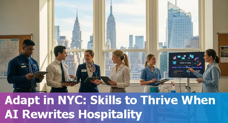 Hospitality worker using a tablet in a New York City hotel lobby with AI icons and skyline backdrop