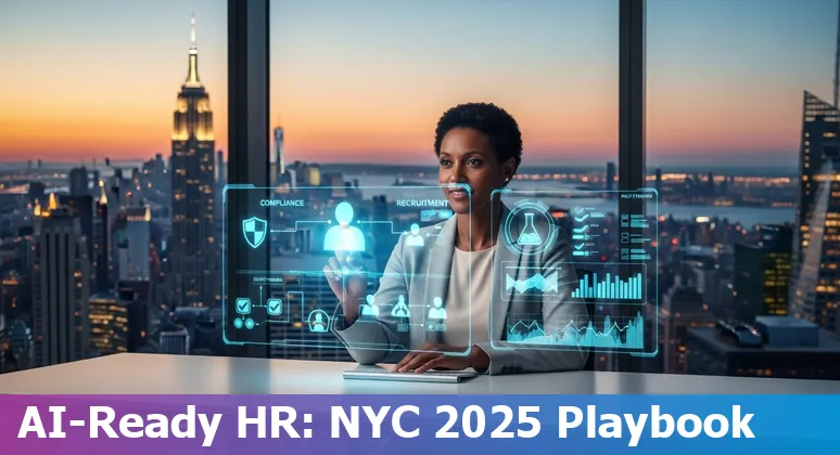HR professional using AI tools on a laptop in an office overlooking New York City skyline in 2025