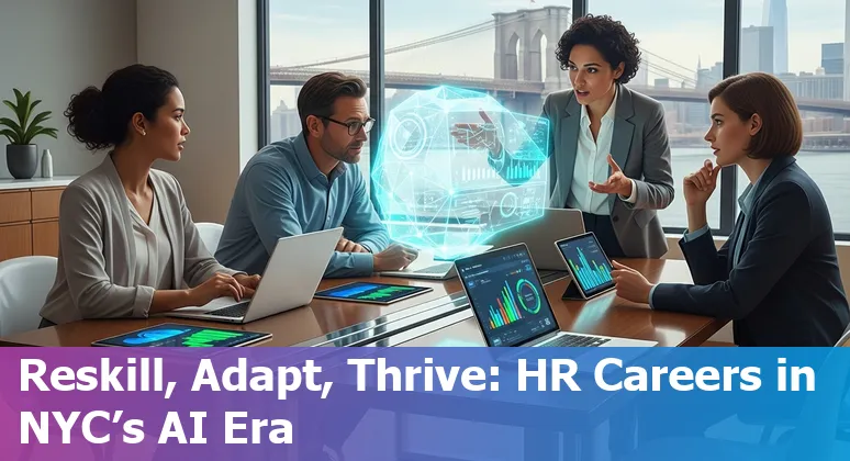 HR professional using AI tools in New York City office skyline in 2025