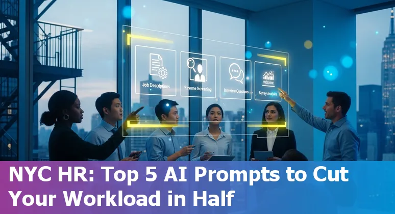 HR professional in New York using AI on a laptop with NYC skyline visible, illustrating AI prompts for job descriptions, screening, interviews, onboarding, and survey analysis.
