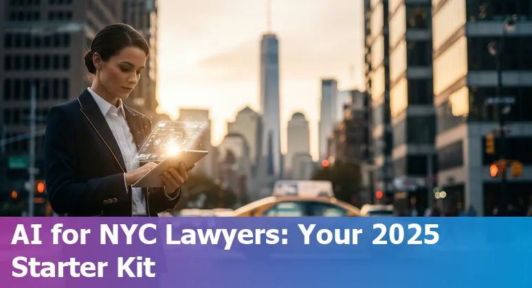 Legal professional using AI tools on a laptop with New York City skyline visible, New York City 2025