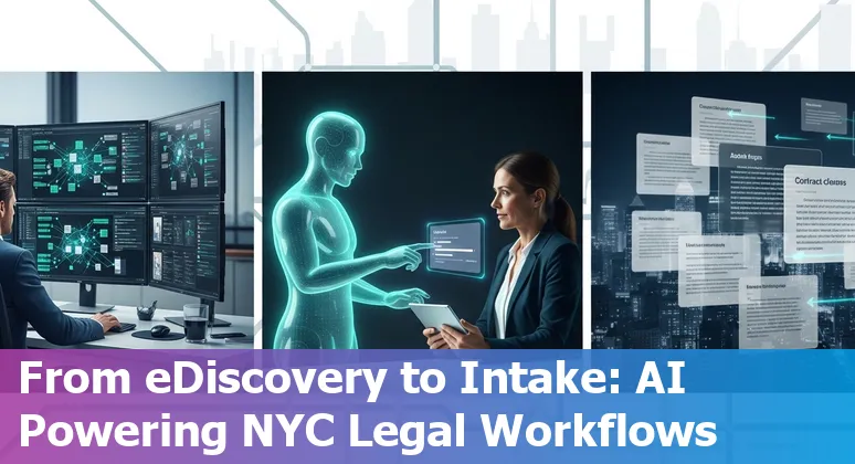 Collage of AI tool logos (Casetext, ChatGPT, Claude, Spellbook, Gavel.io, Diligen, Ontra, David AI, Smith.ai, Harvey) over a New York City skyline.