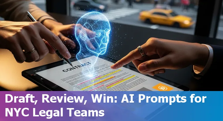 New York City skyline with legal documents and AI icon, representing AI prompts for NYC lawyers in 2025