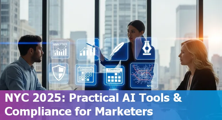 Marketing professional using AI tools in an office with a New York City skyline visible, New York, US