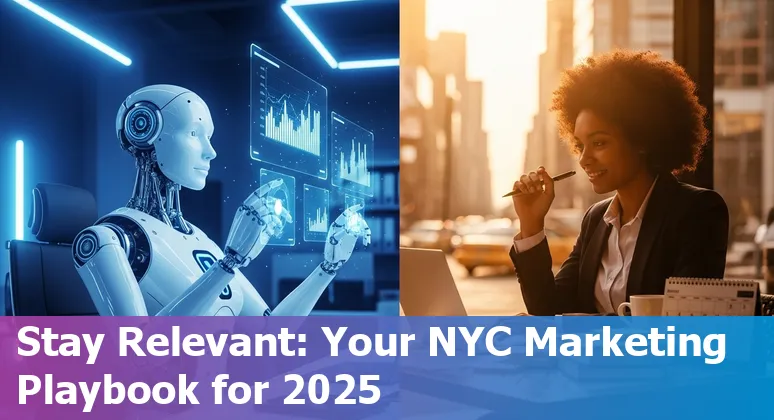 New York City marketer using AI tools on a laptop — image shows NYC skyline in background