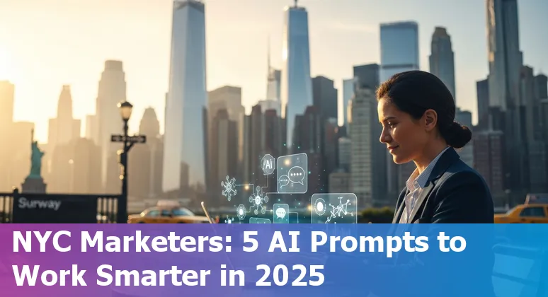 New York City marketer using AI prompts on a laptop with skyline view