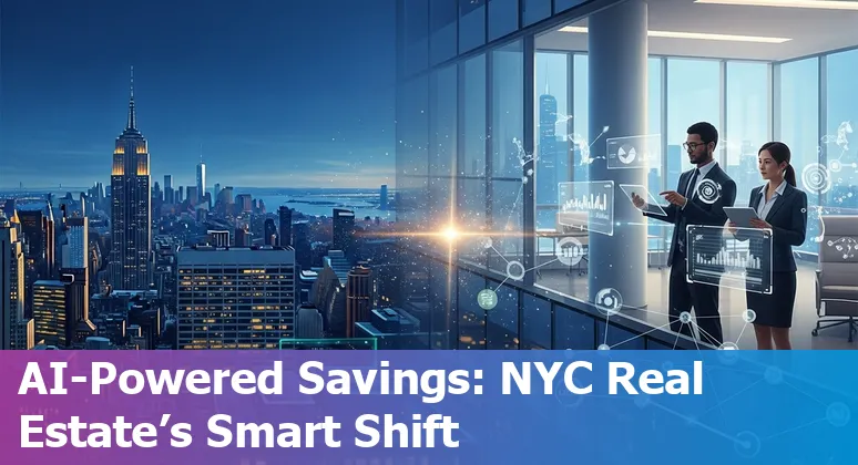 New York City skyline with smart building icons illustrating AI-driven efficiency in New York City real estate