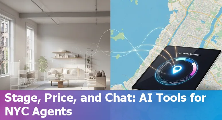 Aerial view of New York City with AI icons overlay showing real estate tech uses like listings, 3D tours, chatbots.