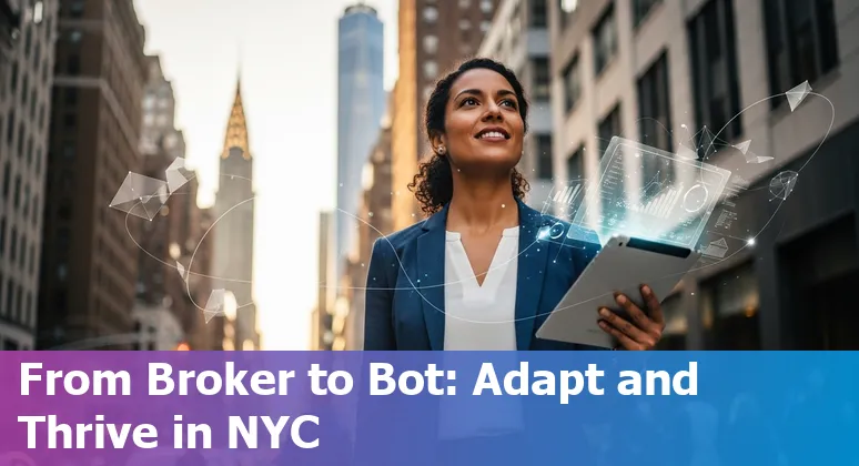 New York City skyline with AI icons overlay and real estate workers adapting to technology.