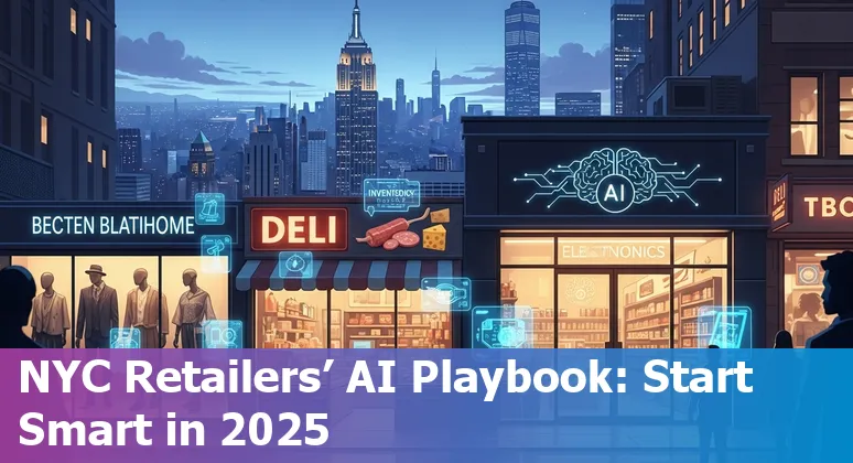 Shopper using AI-powered tools in a New York City retail store in 2025, showing visual search and cashier-less checkout