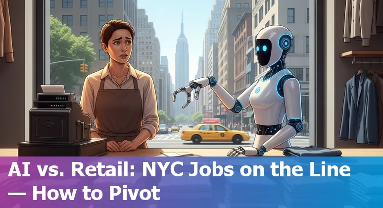 Retail worker using tablet in a New York City store with an AI-powered self-checkout and shelving robots in the background.