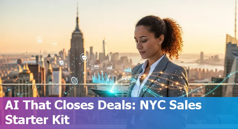 Sales professional using AI tools on a laptop in New York City skyline backdrop - New York, US
