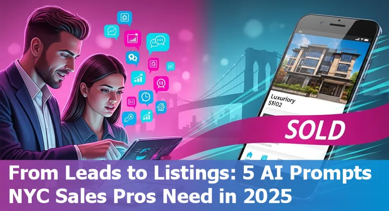 Sales professional using AI prompts on a laptop to generate personalized NYC real estate outreach and marketing.