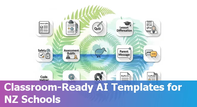 Teacher and students using AI tools in a New Zealand classroom with koru motif and digital devices.