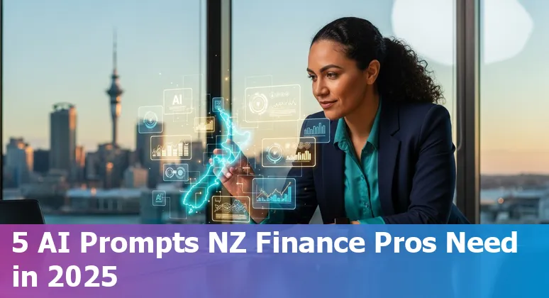 Finance professional in New Zealand using AI prompts on laptop for meeting summaries, compliance checks, modelling and investor briefings
