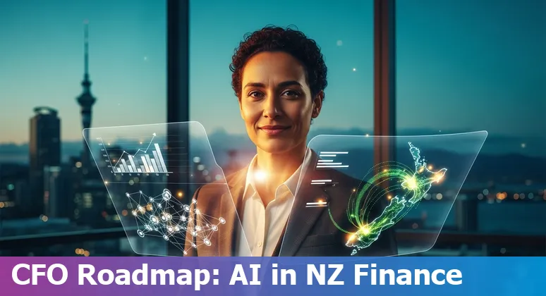 Illustration of AI in New Zealand financial services 2025 showing chatbots, analytics, compliance and NZ landmarks