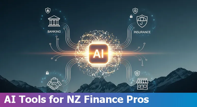 Illustration of AI in New Zealand financial services: chatbot, charts, and Kiwi landmarks