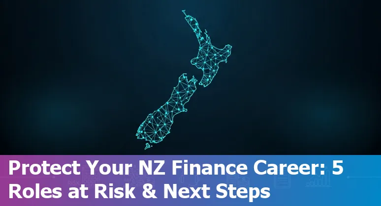 Person using laptop with financial charts and AI icons overlay, New Zealand flag in background