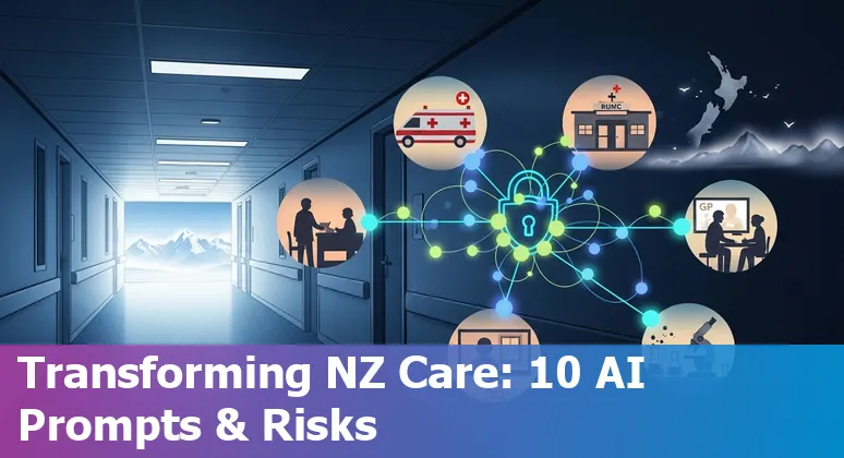 Graphic showing AI use cases in New Zealand healthcare: surgery, radiology, EHR integration, waitlist triage and data governance icons.