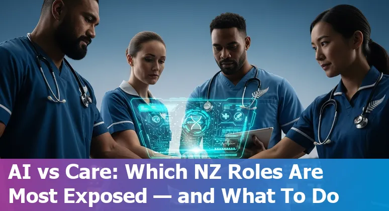 Clinic receptionist with AI chatbot overlay, clinicians reviewing digital imaging and a laptop showing NZ training logos